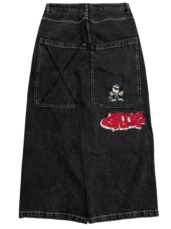 Gothic Cross Print Black Denim Baggy Pants Mid Waist Big Pocket Design Loose Fit Hip Hop Streetwear Jeans