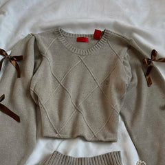 Trend Y2k Knitted Splicing Two Piece Set Bow Long Sleeve Knitted Slimming Top Mini Pleated Skirt Set