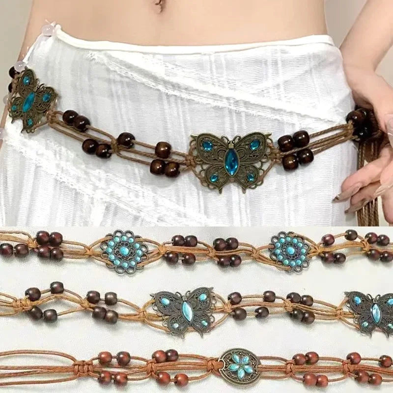 Butterfly Tassel Waist Chain Y2K Trendy Bohemian Belt Beach Accessories Vintage Flower Jean Skirt White Dress Belts