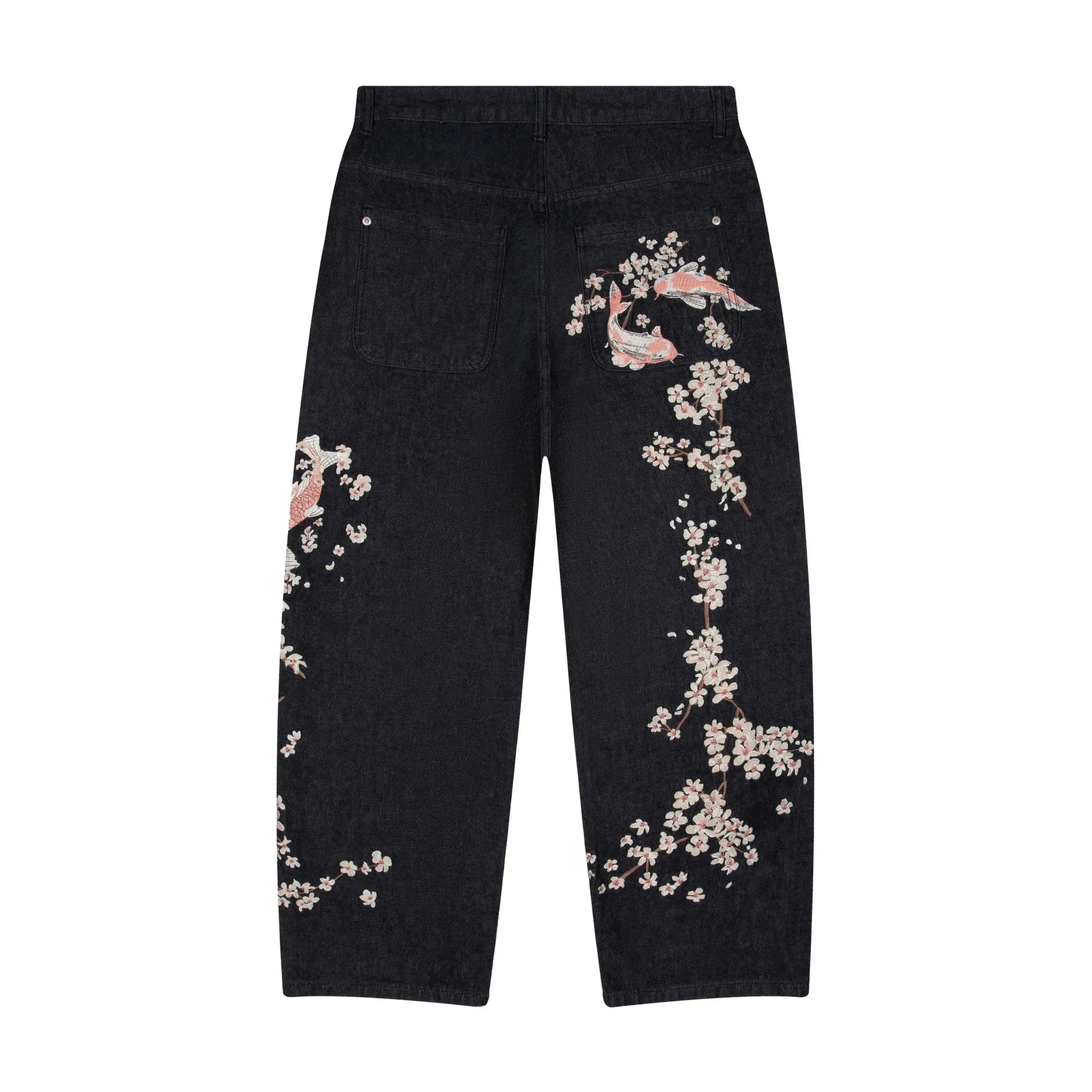 American Style Loose Jeans Gothic Punk Carp Cherry Blossom Embroidery Casual Straight Wide Leg Jeans Streetwear