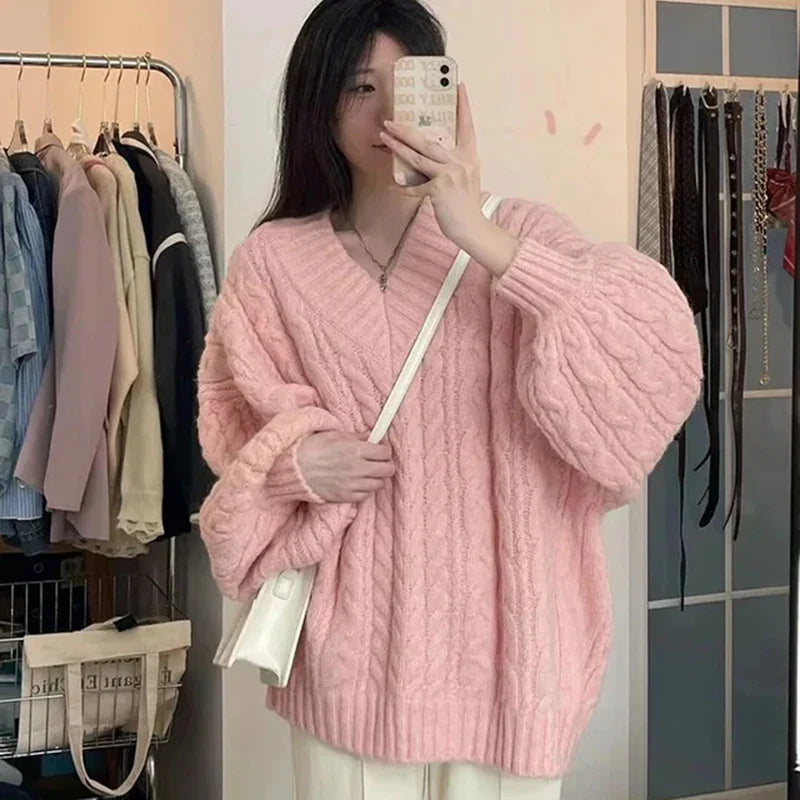 Sweater Harajuku Oversized Knitted Pullovers Korean Long Sleeve V Neck Knitwear Preppy Solid Loose Jumper