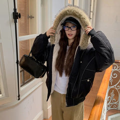 Cotton Padded Jacket Outerwear Thick Warm Oversize Short Coat Hooded Long Sleeve Fur Collar Parkas