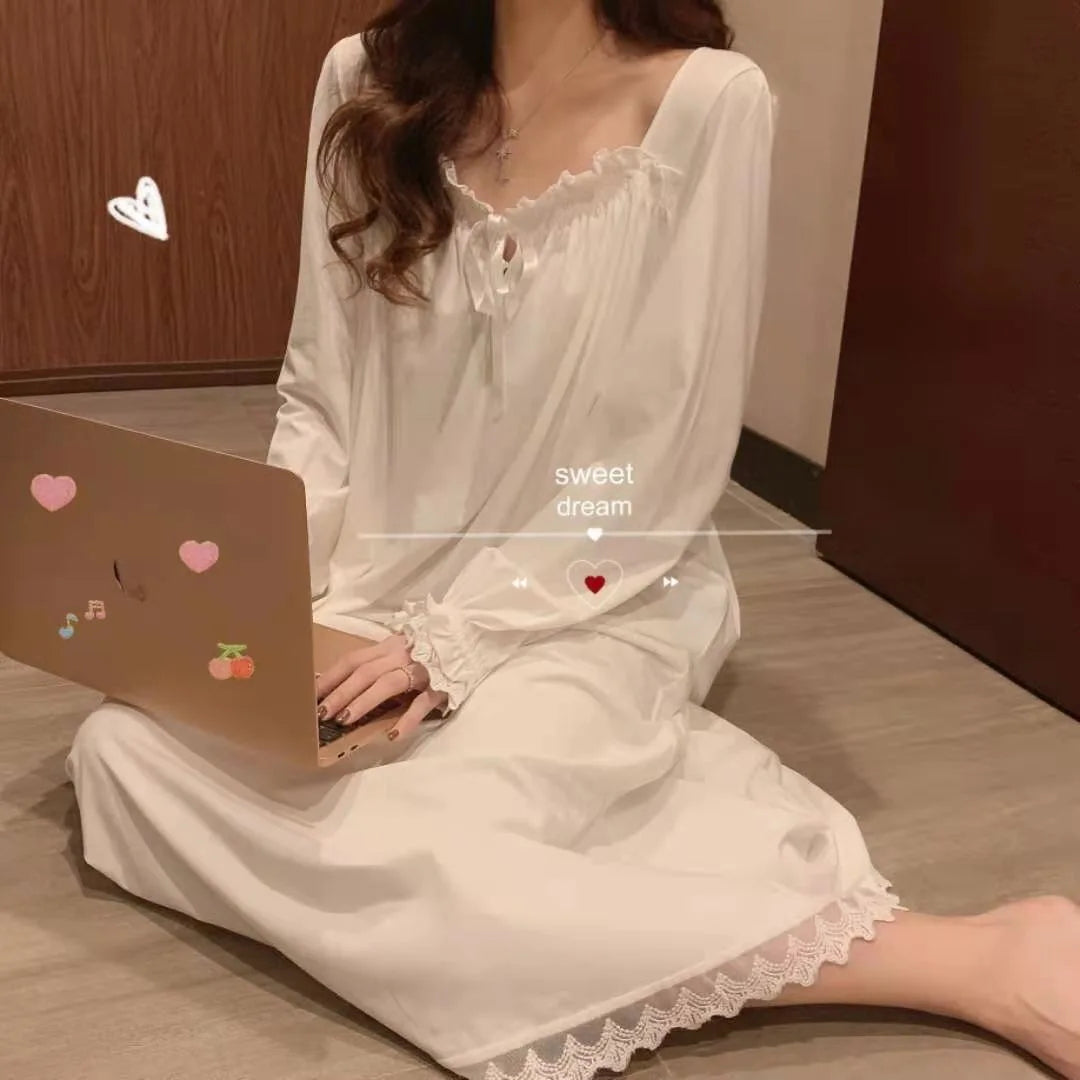 Long Sleeve Princess Style Nightdress Pajamas Lace Palace Korean Version Loose Plus Size Homewear Birthday Gift