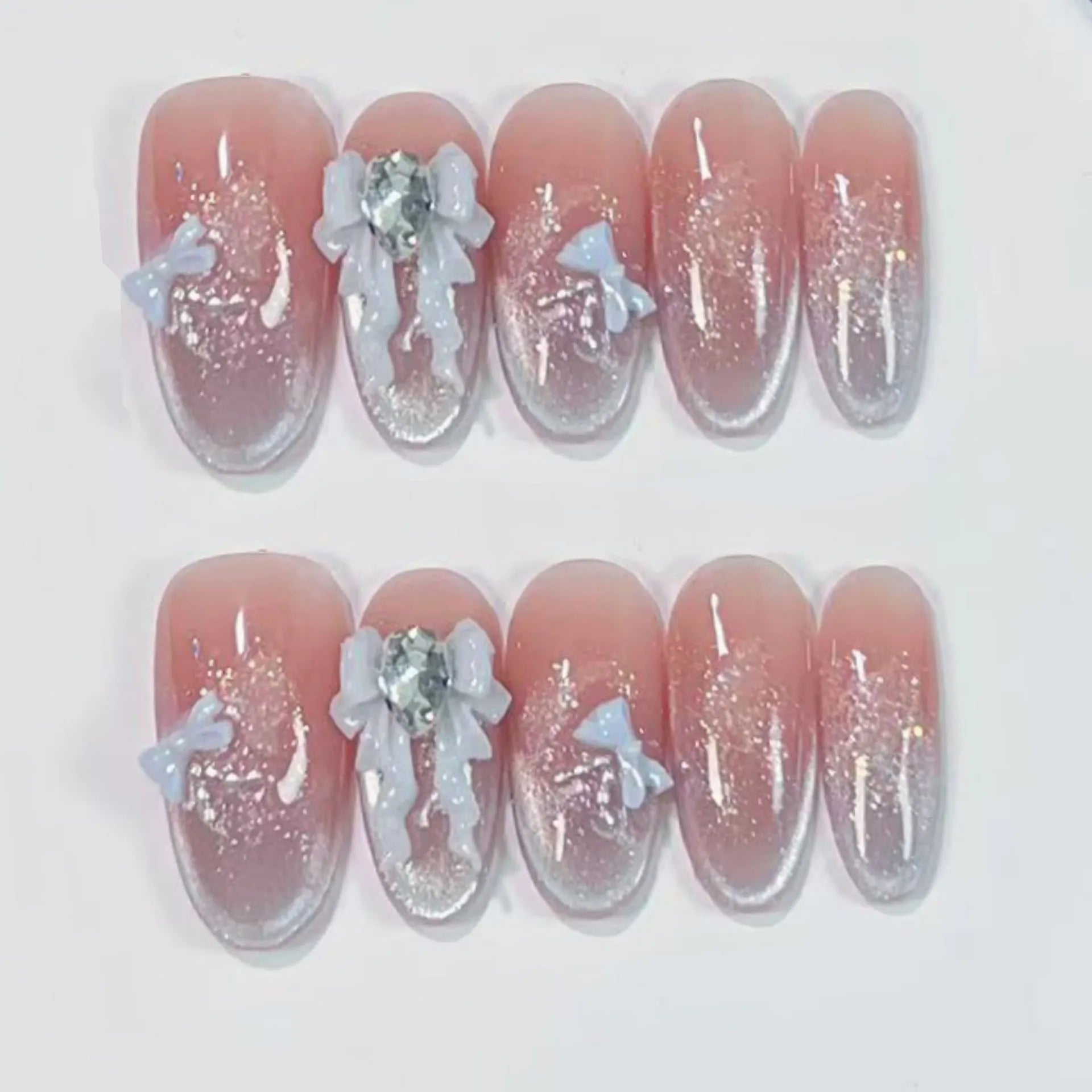 10pcs Purple Cat's Eye Handmade Fake Nails Tips Glitter Mid-length Oval Press on Nails Art Bow Rhinestone Design False Nail Sets