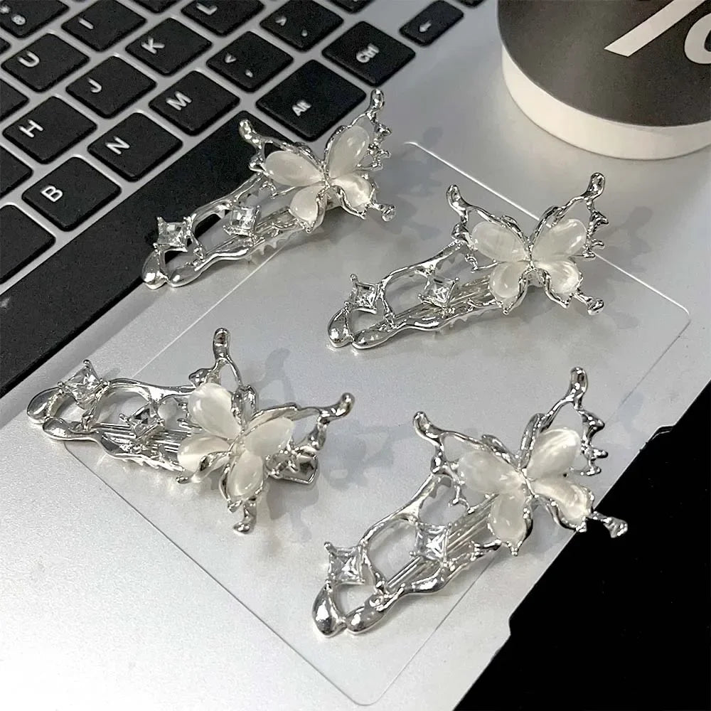 1/4pcs Y2K Irregular Liquid Metal Hairpin Butterfly Zircon Hair Clips Girl Silver Bang Clip