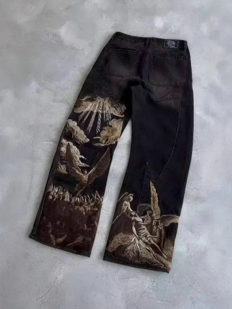 American loose jeans personalized bat pattern print street Y2K pants lazy jeans casual straight pants Harajuku retro street wear