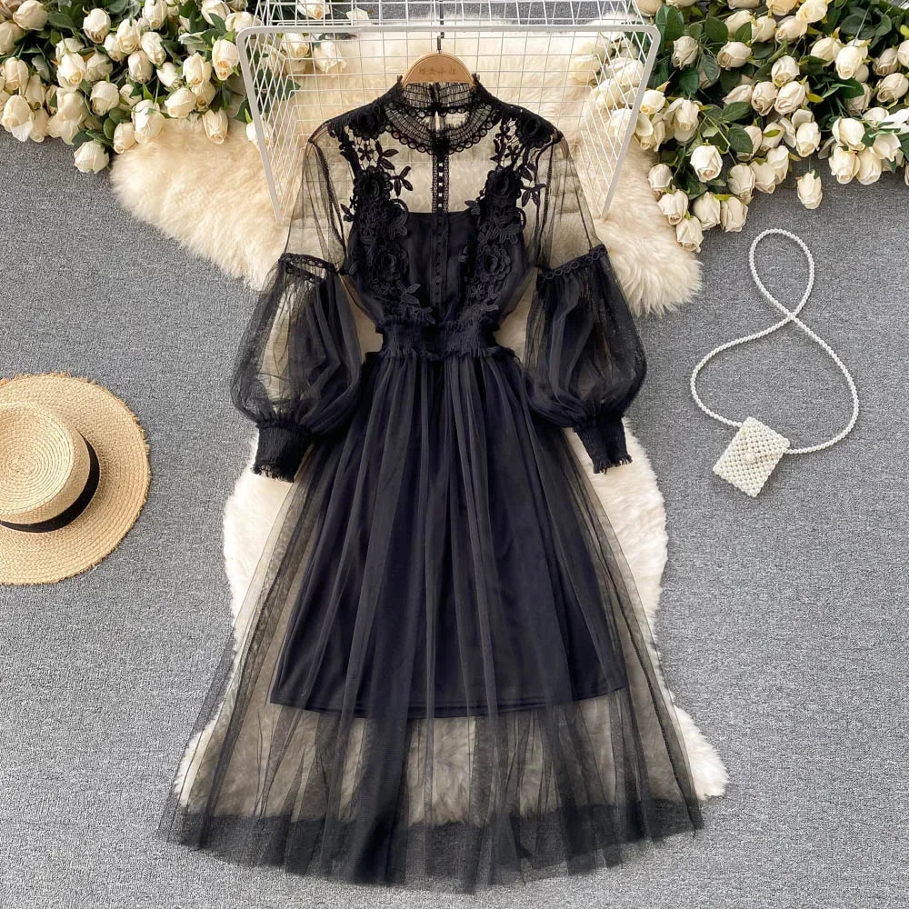 Ladies Dress Three-dimensional Flower Hook Mesh Temperament Stand Collar Lantern Sleeve High Waist Slim Dresses