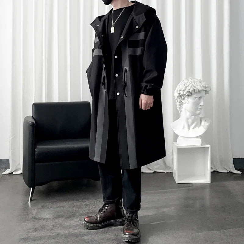 Trench coat Windbreaker Patchwork Color Medium Long Trenchcoat Korean Covered Button Male Hooded Trench Jacket