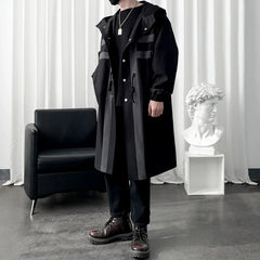 Trench coat Windbreaker Patchwork Color Medium Long Trenchcoat Korean Covered Button Male Hooded Trench Jacket