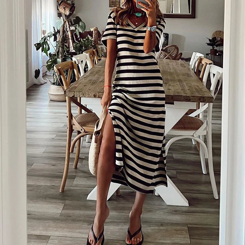 loose striped printed long dress with slits on both sides