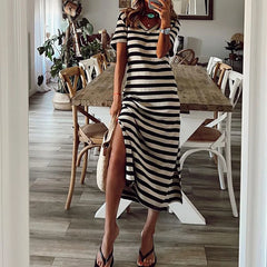 loose striped printed long dress with slits on both sides