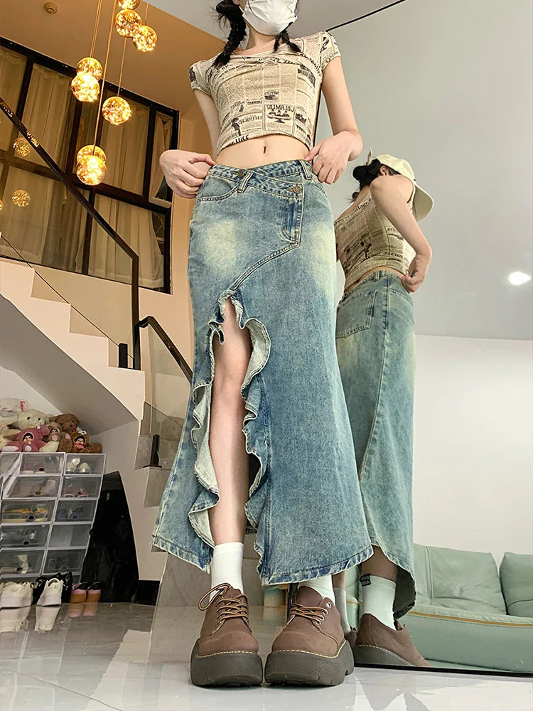 Mermaid Skirt Clothes Blue Skirt Harajuku Korean Girl Casual Chic Vintage A-Line Denim Skirt Split Hem Coquette