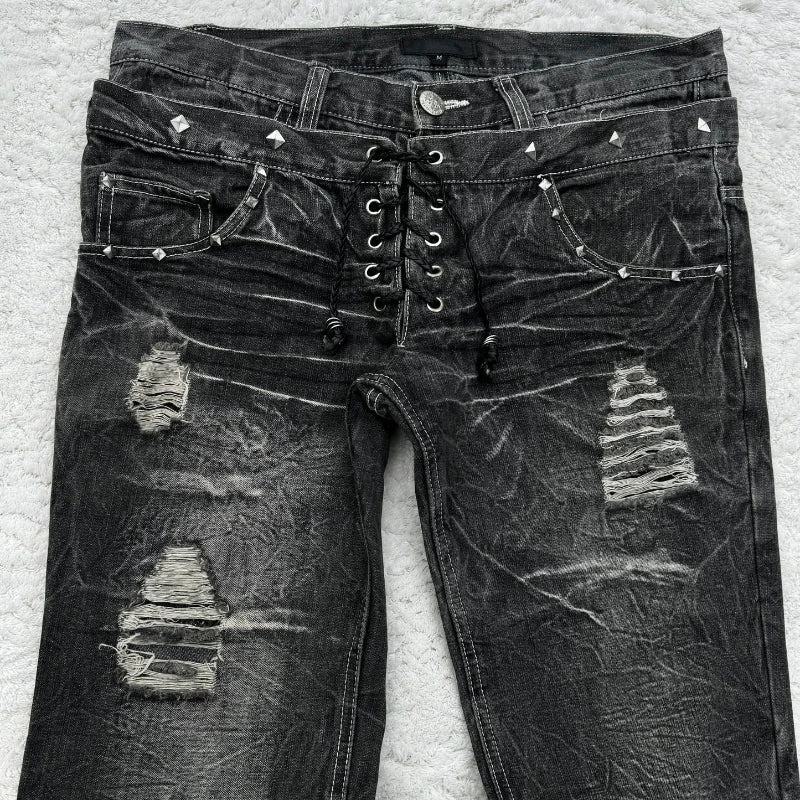 Y2K Washed Jeans Gothic Retro Micro Flared Double Waisted Lace Up Pants Streetwear Design Sense Trousers