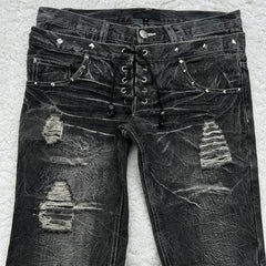Y2K Washed Jeans Gothic Retro Micro Flared Double Waisted Lace Up Pants Streetwear Design Sense Trousers