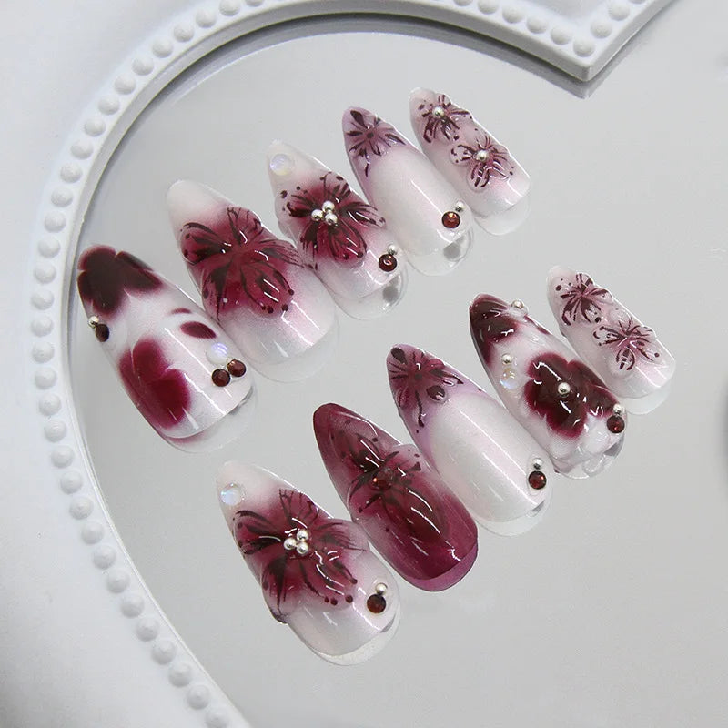 24pcs Flower Print Press on Nails Wine Red Blush Almond False Nail Tips Wearable Reusable Spicy Girl Fake Nails