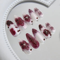 24pcs Flower Print Press on Nails Wine Red Blush Almond False Nail Tips Wearable Reusable Spicy Girl Fake Nails