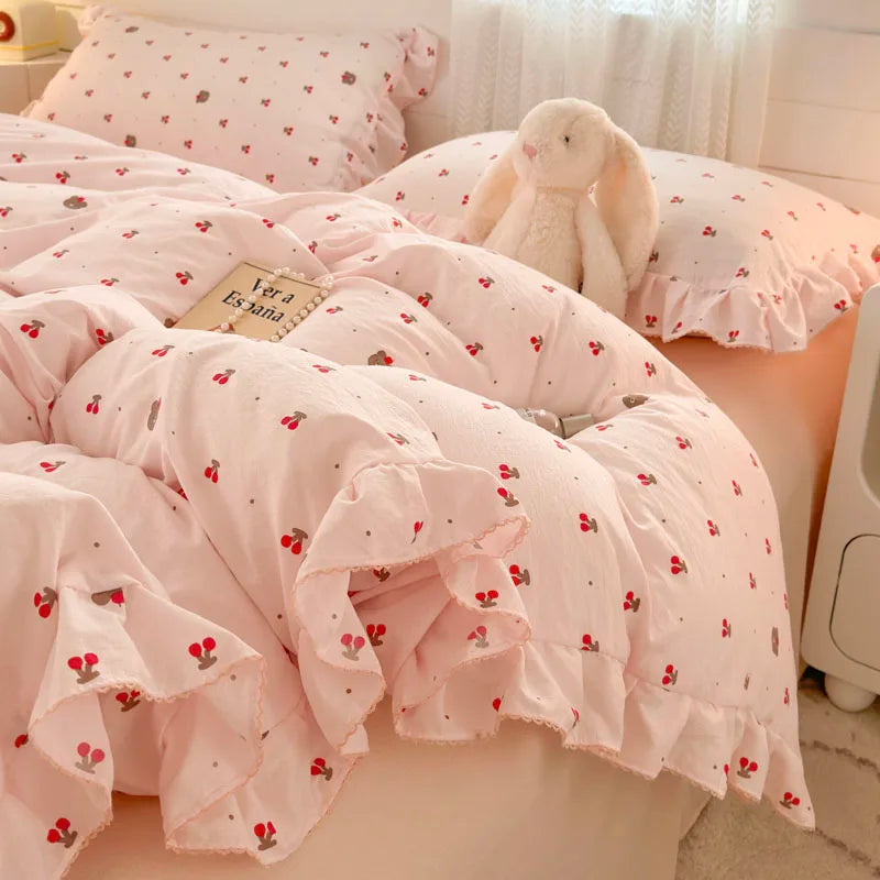 INS Princess Style Bedding Sets Ruffle Lace Bow Quilt Cover Romantic Bedclothes Decor Girls Bedroom Duvet Cover 4pcs