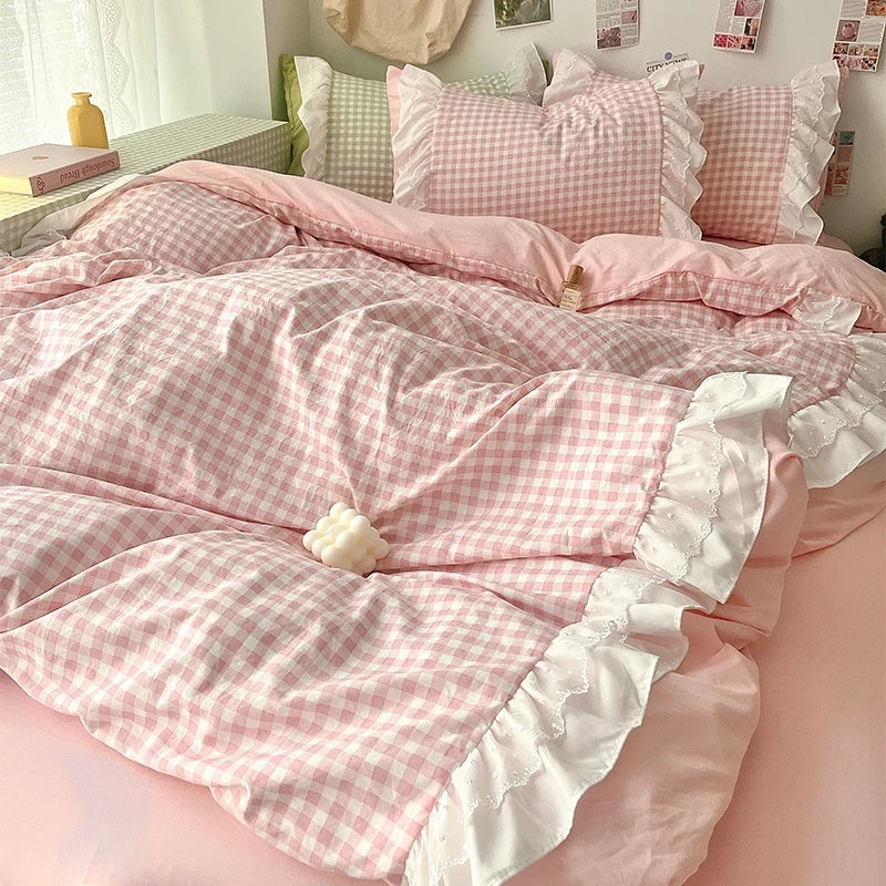 3 Piece Sheet Set pink plaid duvet cover Set