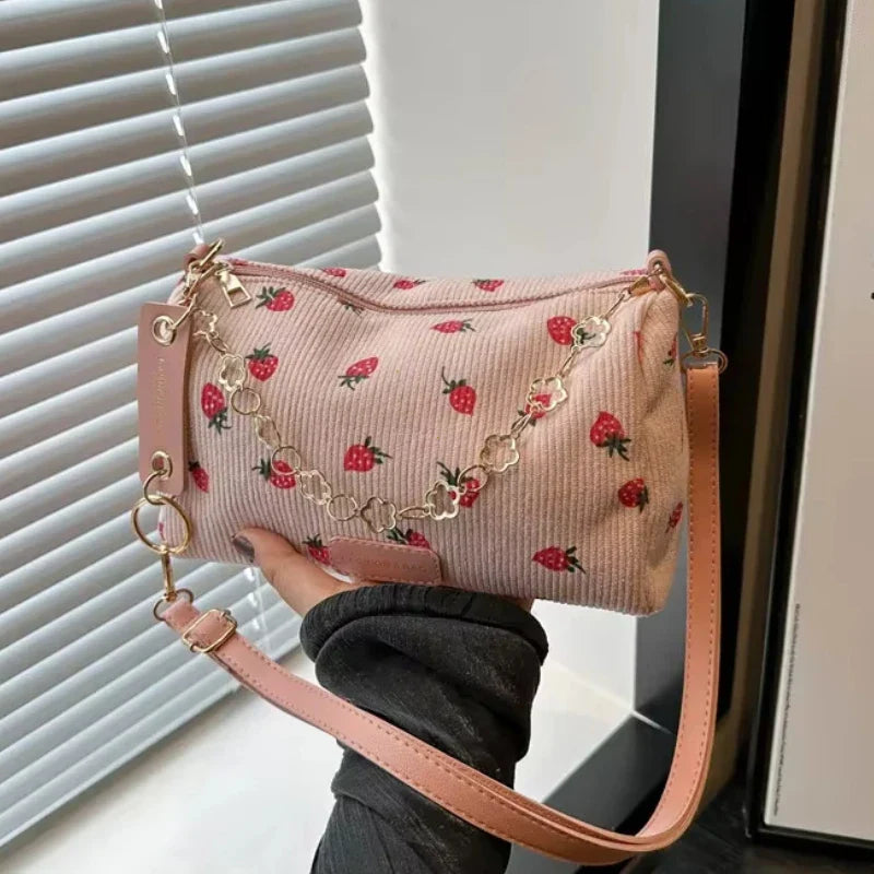 Small Underarm Bag Corduroy Handbag Cute Strawberry Print Little Tote Half Moon Design Eco Cloth Purse Mini Shoulder Bags