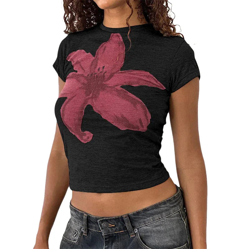 Xingqing y2k Crop Top 2000s Baby Tee Floral Print Round Neck Short Sleeve T Shirt Fairycore Clothes Streetwear