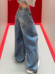 Gradient Blue Jeans Y2K Vintage High Waisted Jeans Straight Streetwear Loose Large Wide Leg Denim Pants