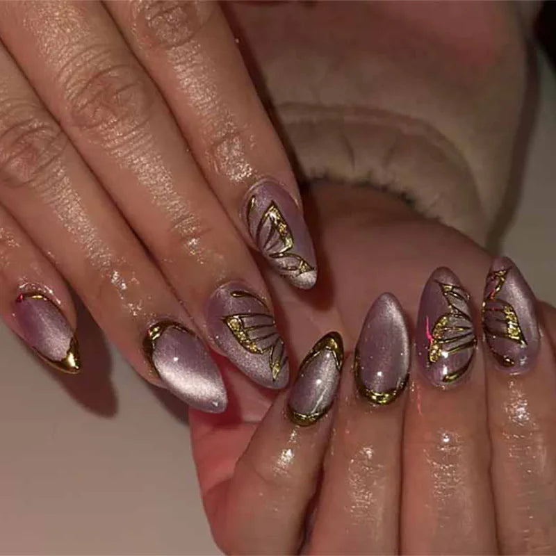 Red Y2K Wearable Nail Art Chic Silver Butterfly Love Metal Bead Almond False Nails Detachable Finished Fake Nails Press on Nails