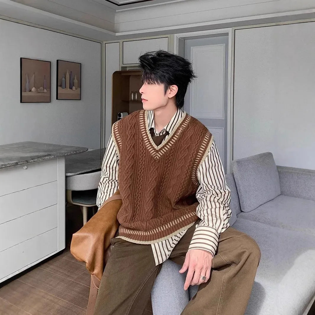 Arrival Preppy Style Cable Knit Vest Sweater Casual V-neck Top Korean Version Loose-fit Top