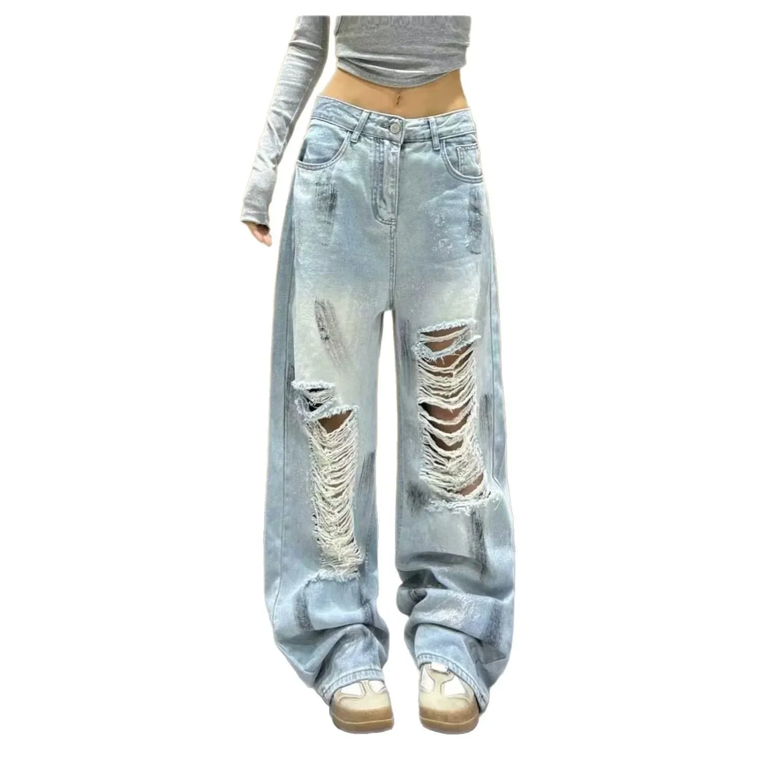 High Waist Wide Leg Denim Jeans Style High Street Hole Design Slimming Long Trousers Trendy