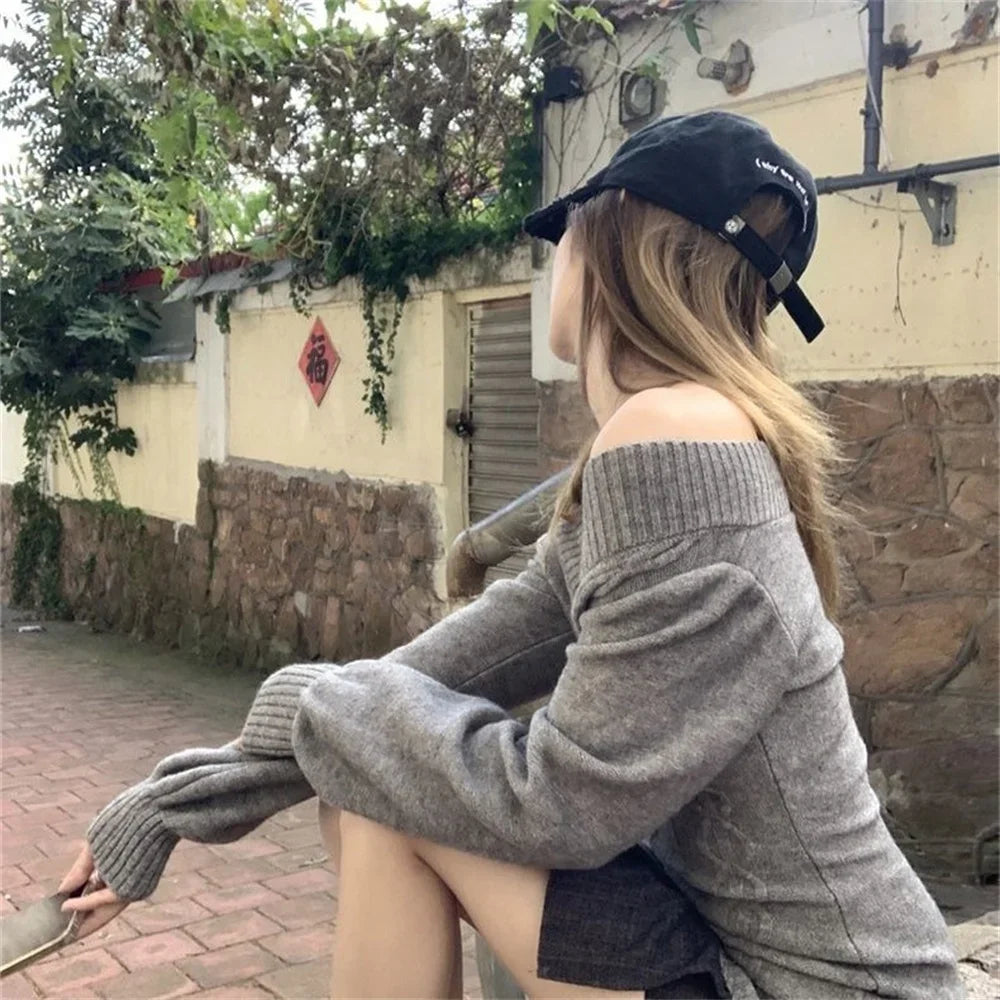 Vintage V-neck Knitted Tops Early Sweaters Pullover Slim Long Sleeve Pullovers Gray Jumpers