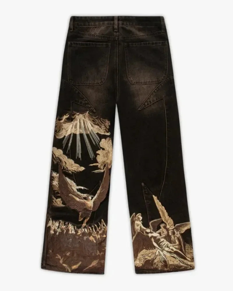 American loose jeans personalized bat pattern print street Y2K pants lazy jeans casual straight pants Harajuku retro street wear
