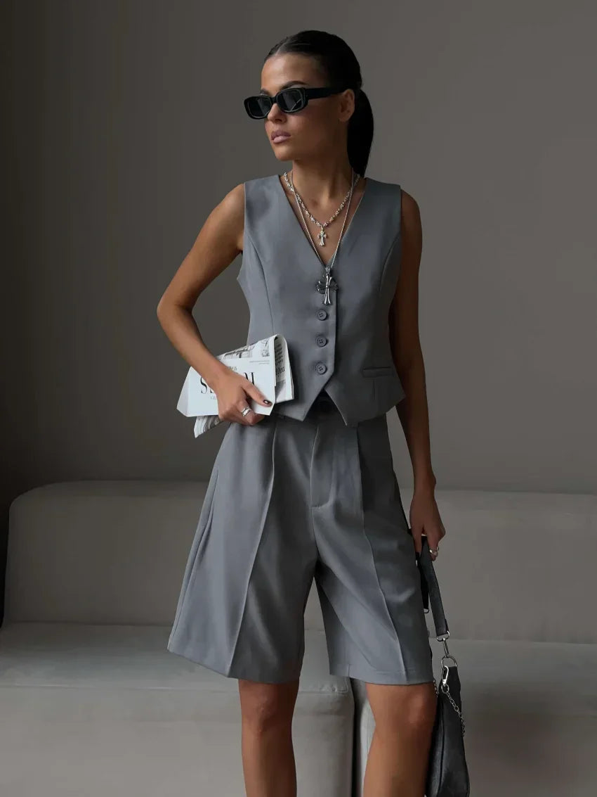 Wolfeel Womem Chic Vest Shorts Suit Two-Piece Set Office Ladies Chic 2 Piece Sets Outfits