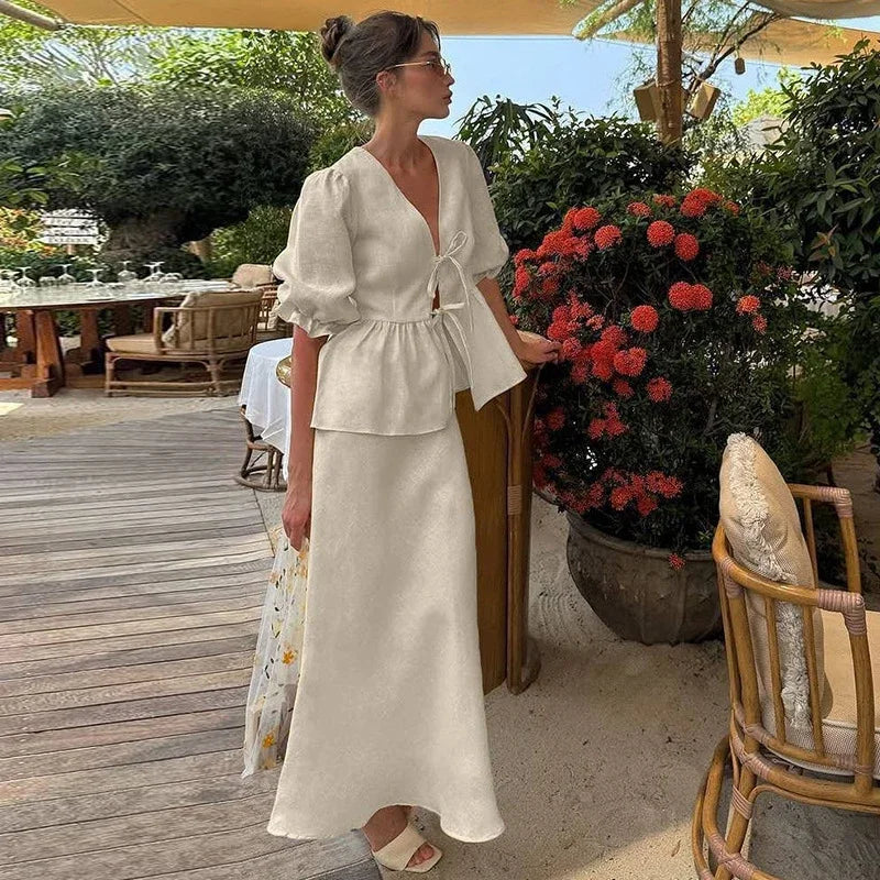 s Skirt Set V-neck Lace Up Short Bubble Sleeve Hollow Out Shirt High Waist Long Skirt Suit Lady Outfit
