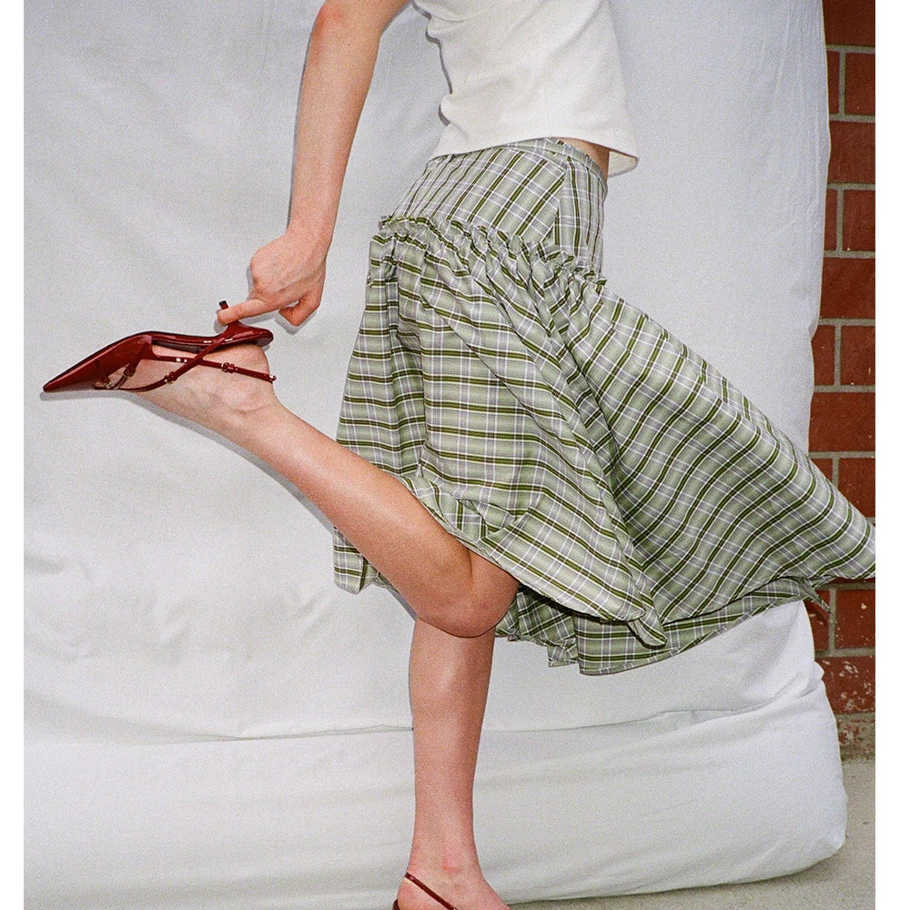 Vintage 2000s Plaid Skirts Casual Tie-Up Low Waist Tiered Ruffles Hem A-Line Midi Skirts Streetwear