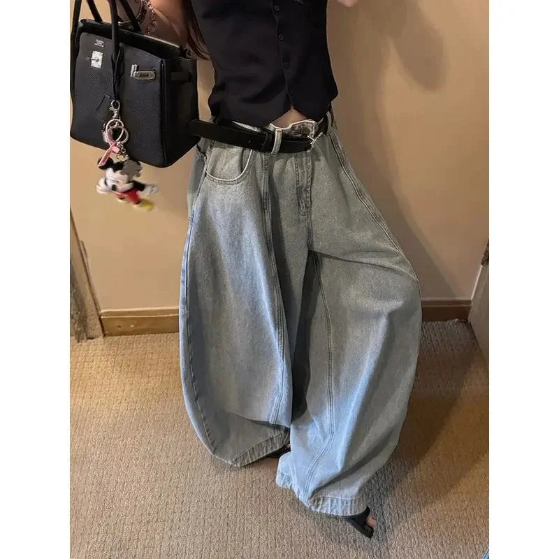 American Style High Waist Wide Leg Denim Jeans Retro Knife Edge Loose Fit Floor Length Pants