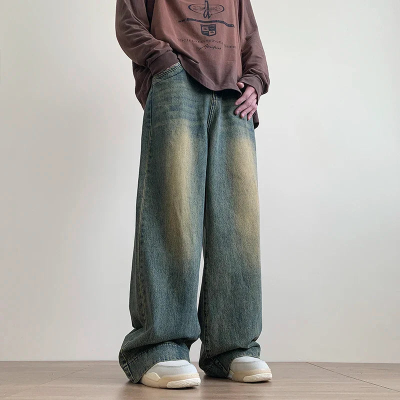 Distressed Vintage Blue Jeans Wide-leg Denim Trousers Male Oversize Streetwear Casual Baggy Straight Jeans