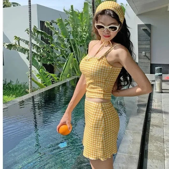 Three-Piece Swimsuit Slimming Cover-Up Holiday Beauty Checkered Pattern Conservative Korean Style Bikini Set