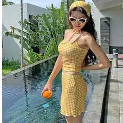 Three-Piece Swimsuit Slimming Cover-Up Holiday Beauty Checkered Pattern Conservative Korean Style Bikini Set