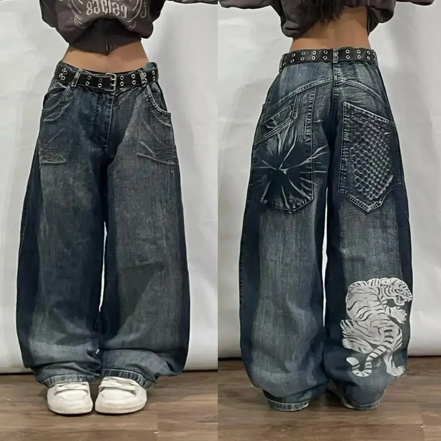 Y2k Hip Hop American Wide Leg Pants Gothic Zipper Skull Embroidered Jeans Harajuku Vintage High Waist Casual Jeans Unisex