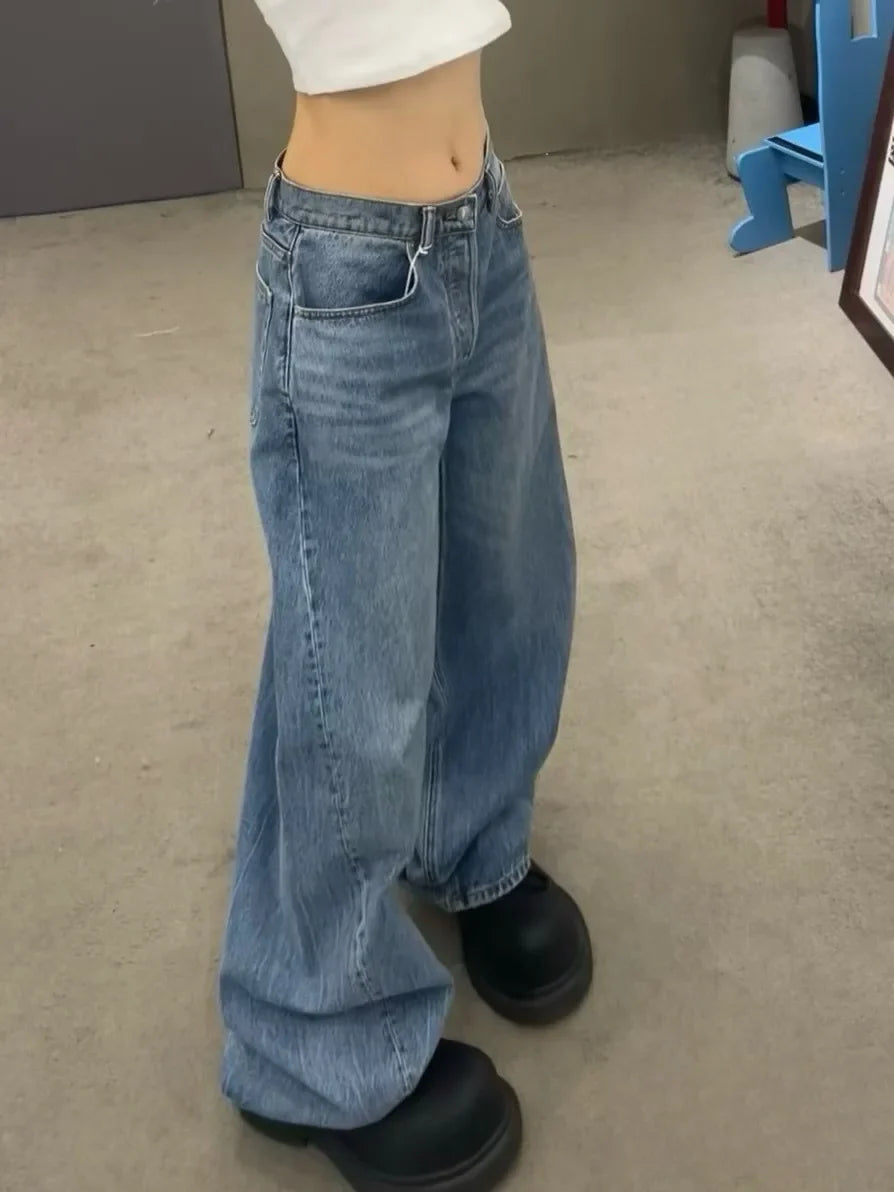Gradient Blue Jeans Y2K Vintage High Waisted Jeans Straight Streetwear Loose Large Wide Leg Denim Pants