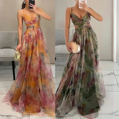 Hollow Out Party Dress, Loungewear Printing Maxi Dress, Sleeveless Lace-Up Ladies Dress Vestido