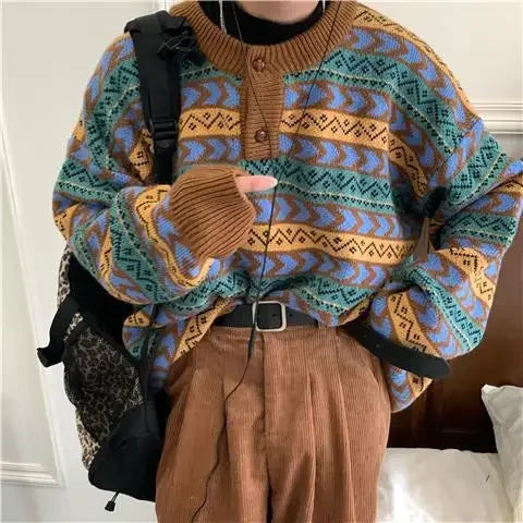 Ethnic Style Knitted Sweater Vintage Round Neck Loose Fit Olded Feeling Pullover Sweater