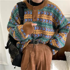 Ethnic Style Knitted Sweater Vintage Round Neck Loose Fit Olded Feeling Pullover Sweater