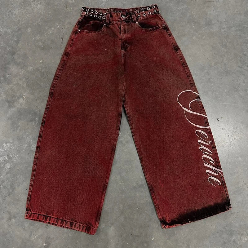 Y2K Casual Loose Jeans Vintage Letter Print Rivet Waist Belt Design Red High Waist Wide Leg Jeans Hip Hop Streetwear