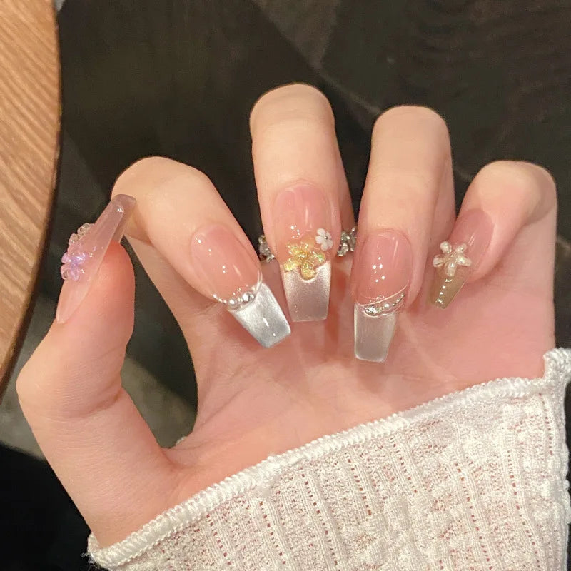 10pcs Aurora Cat Eye Handmade Press on Nails Pink Cherry Blossom False Nails Crystal Flower Pearl Fake Nails French Coffin Nail