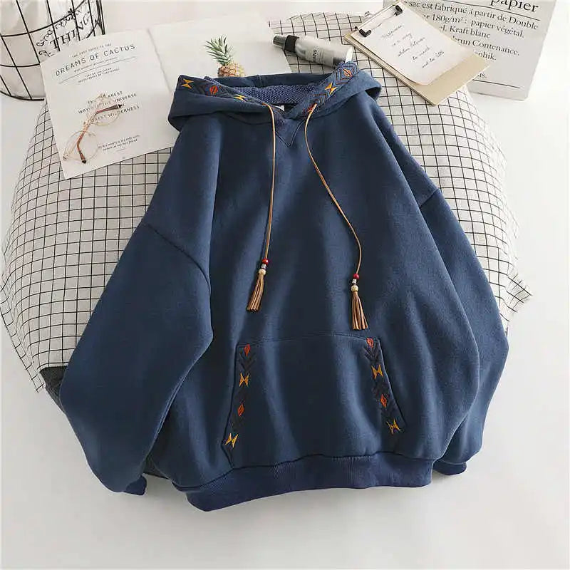 Hoodie Drawstring Tassel Exquisite Embroidery Large Pocket Thick Pullover Artisticable Top Jacket