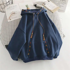 Hoodie Drawstring Tassel Exquisite Embroidery Large Pocket Thick Pullover Artisticable Top Jacket