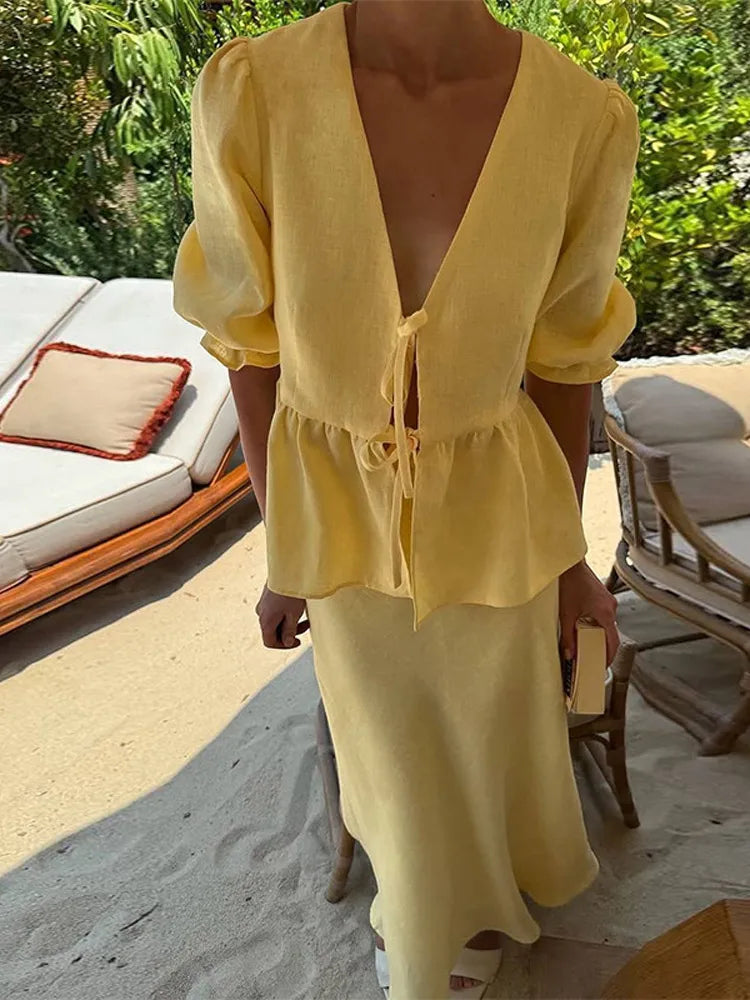 s Skirt Set V-neck Lace Up Short Bubble Sleeve Hollow Out Shirt High Waist Long Skirt Suit Lady Outfit