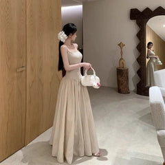 Temperament Apricot Suspender Dress Gentle Vacation Style Waist Cinched Backless Big Swing A-line Long Skirt Q147