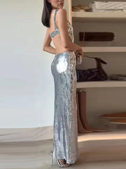 Sling Backless Silvery Maxi Dress