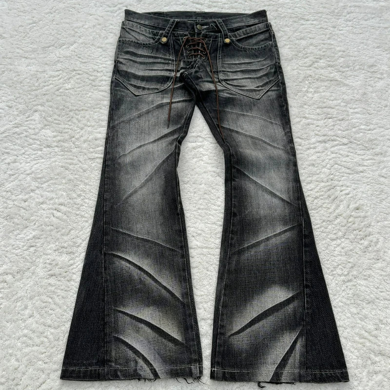 Y2k Flared Lace Up Jeans Retro Washed Paw Prints Double Waist Slim Fit Jeans Gothic High Street Wear Unisex Bootcut Jeans